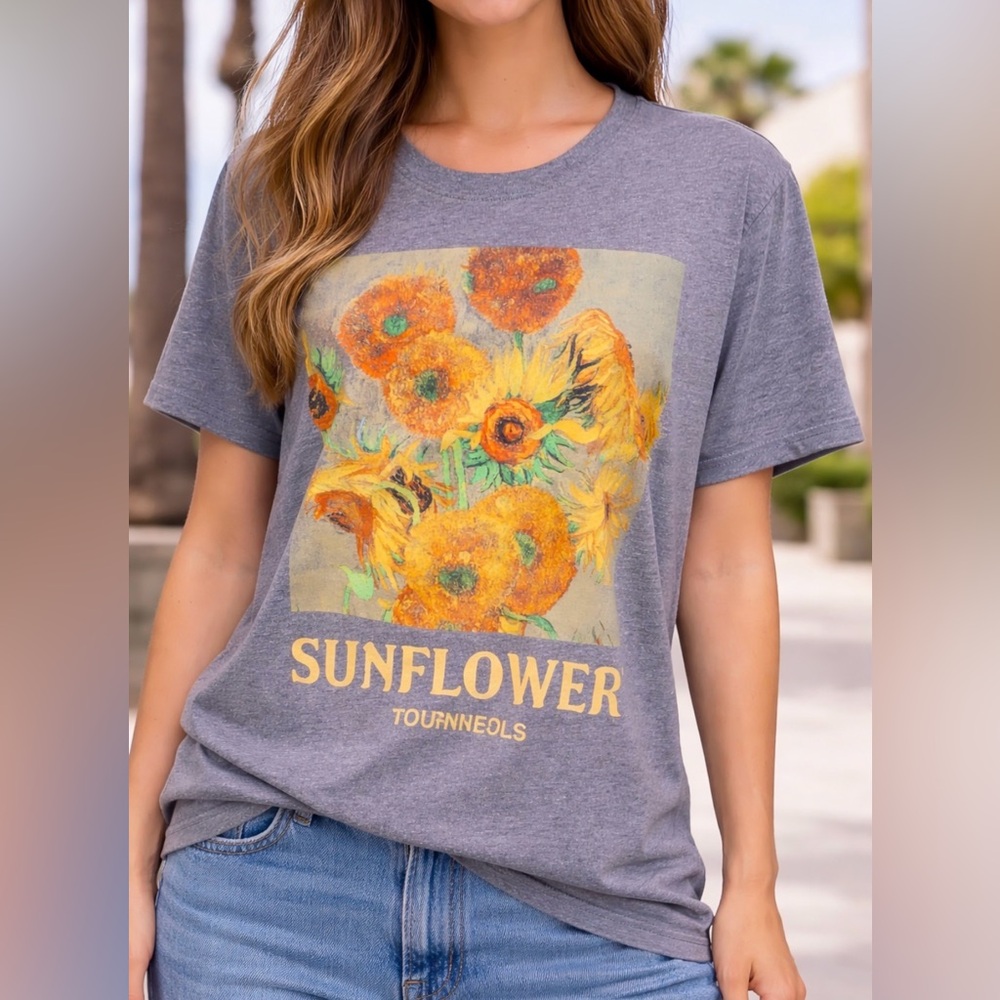 Mighty Fine Women’s Gray Sunflowers Tshirt Boho Artist Claude Monet Size Medium